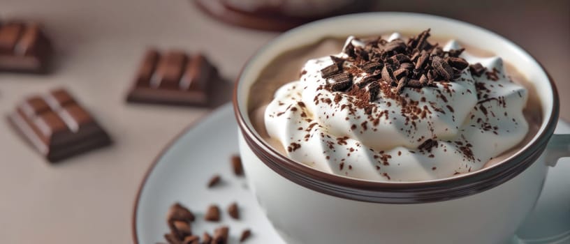 Elegant cocoa with whipped topping. Copy space. Created using AI generated technology and image editing software.