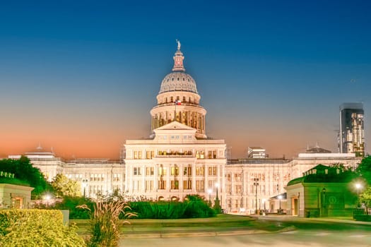 scenic historic capitol building in Austin, Texas, USA by night