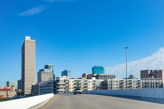 skyline of Fort worth seen from the bridge when entering the town, Texas, USA