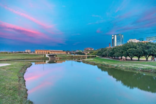 skyline of Fort worth seen from the river Trinity park, Texas, USA