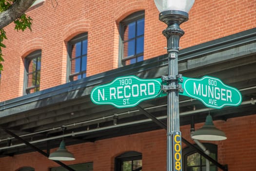 street sign Munger and N Record at the historic district in Dallas, Texas, USA