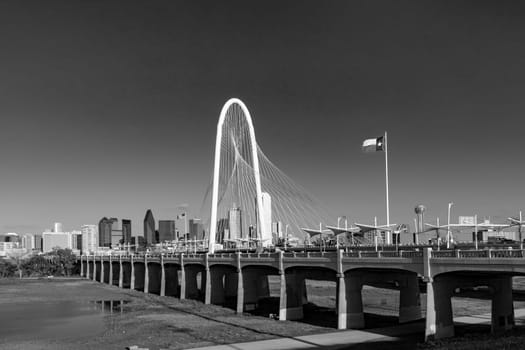 scenic skyline Panorama of Downtown Dallas seen from Trinity River with Margaret hunt hill bridge, Texas