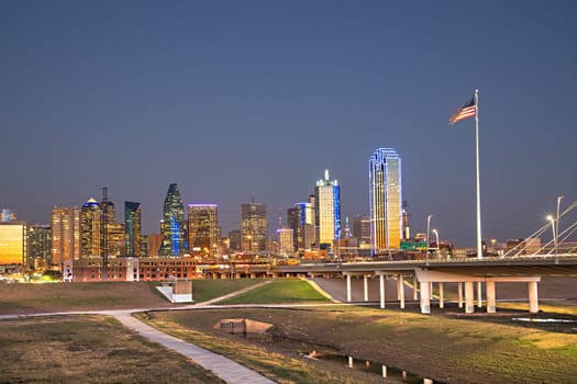 scenic skyline by night in Dallas, Texas, USA