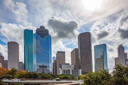 scenic skyline of Houston, Texas in morniong light seen from Buffalo bayou park