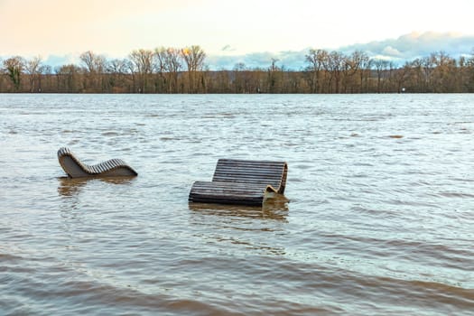 flooded bench at river Rhine in Eltville, Hesse, Germany in sunset mood