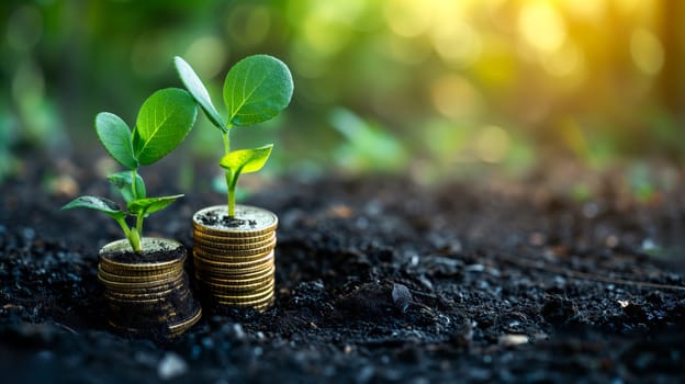 plants growing from coins . concept of financial growth. generated by ai