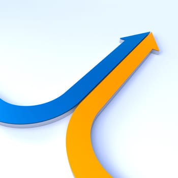 blue and yellow arrows come together. 3d render. growth concept