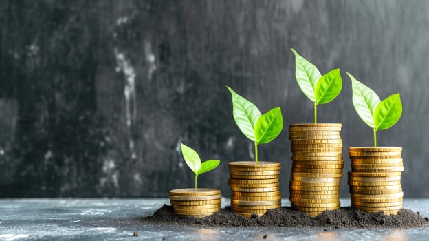 plants growing from inpiled coins. concept of financial growth. generated by ai