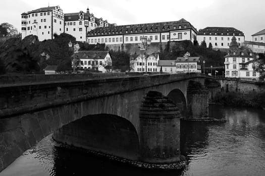 beautiful outside view to Weilburg castle in black and white
