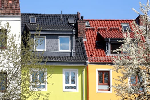 Residential buildings in spring, terraced houses, apartment buildings, Bremen, Germany