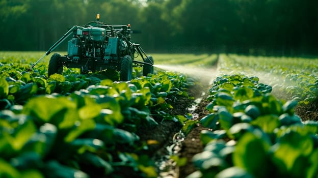 Agriculture futuristic. Spraying of vegetables with robot automation. Agricultural robots work in smart farms. AI generated