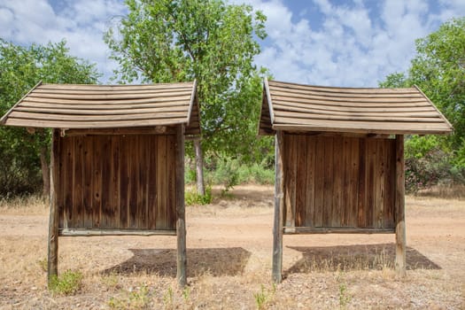 Natural space empty information boards. Mediterranean river ecosystem environment