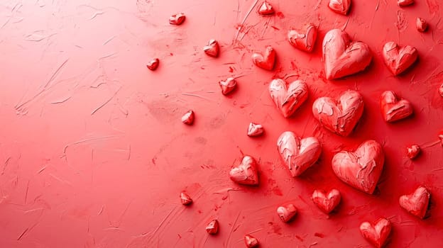 Valentines day, 14 february theme banner. Love and romance background.  Red painted wall with heart shapes, copy-space.AI generated