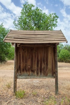 Natural space empty information board. Mediterranean river ecosystem environment