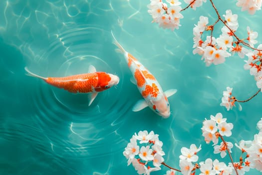 Zen like meditative image of two Koi goldfish in a light blue water. The beautiful koi fish in pond in the garden. AI generated