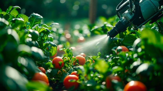 Agriculture futuristic. Spraying of vegetables with robot automation. Agricultural robots work in smart farms. AI generated