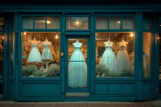 Front view of a window display at a bridal shop. Fashion store with bridal dresses.AI generated