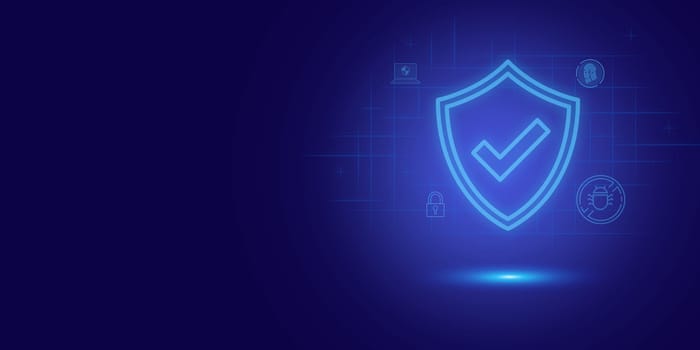 Futuristic blue shield ethics and Security abstract technology background. Artificial intelligence digital transformation and Business quantum internet network communication and Antivirus.