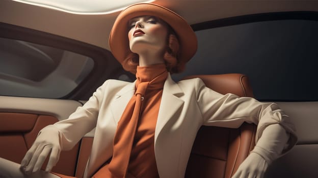 a female mannequin in a beige suit and an orange blouse with a tie and a hat sits inside a car at a car exhibition.