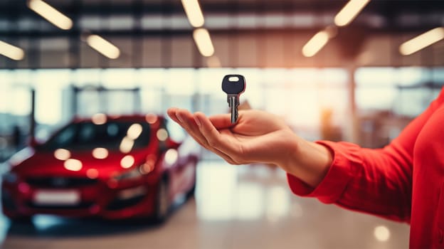 The hand of a woman in a red suit holds the key to a new car on a blurred background in a car showroom. copy space