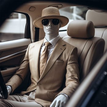 a white mannequin in a beige suit with a tie, sunglasses and a straw hat sits behind the wheel of a car at a car exhibition.