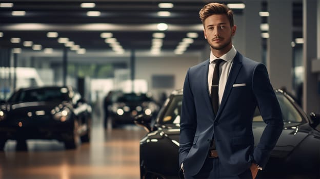 young confident businessman in a suit against the background of black cars in the parking lot of a business center.