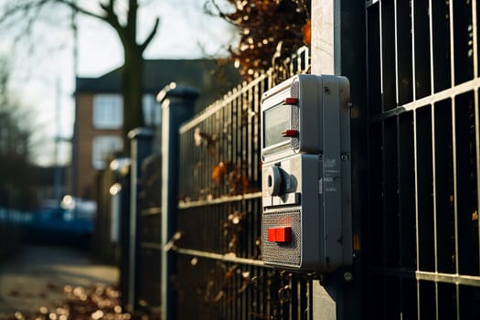 Security intercom on a locked metal gate.speakerphone for communication