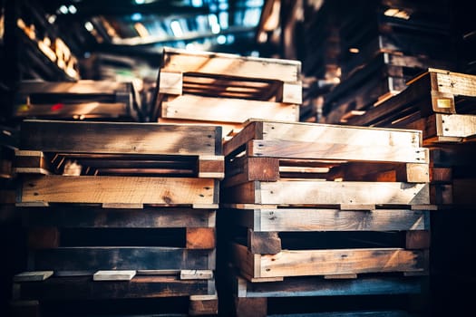 External stock of old wooden standard pallets stored on pylons in a warehouse