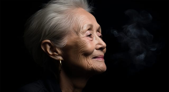 profile portrait of an elderly gray-haired ethnic woman on a black background with cigarette smoke near her face.Passive smoking.