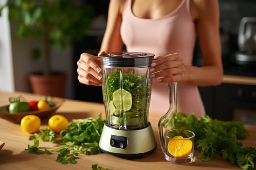 woman uses a blender to mix ingredients for a healthy smoothie while standing in the kitchen.healthy food concept