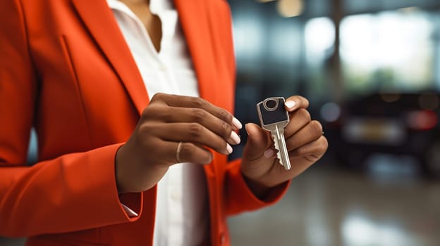 The hand of a woman in a red suit holds the key to a new car on a blurred background in a car showroom. copy space