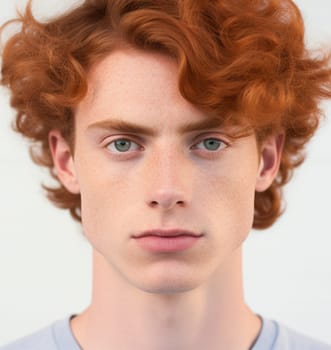 Portrait of a young man with clear skin and red hair on a white background. Banner template for hair or facial skin care.