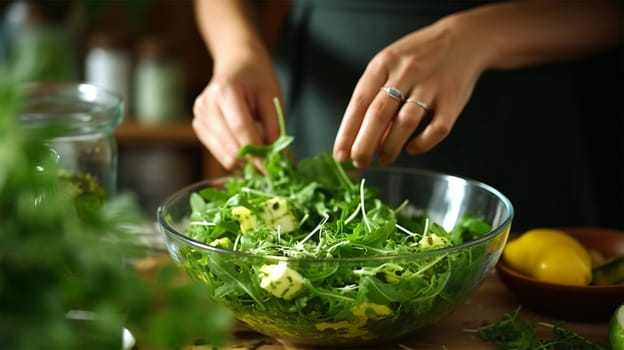 female hands preparing a green salad, healthy eating and self-care.