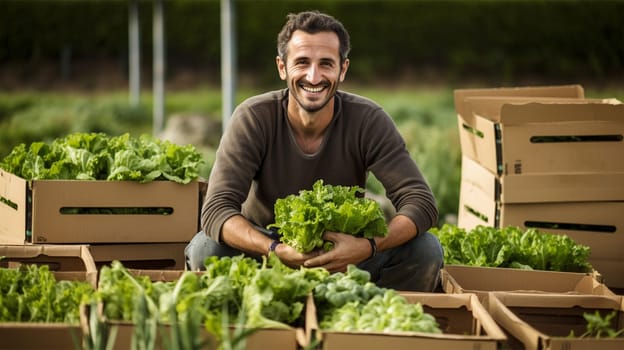 cheerful farmer with harvested lettuce.agriculture and farming concept