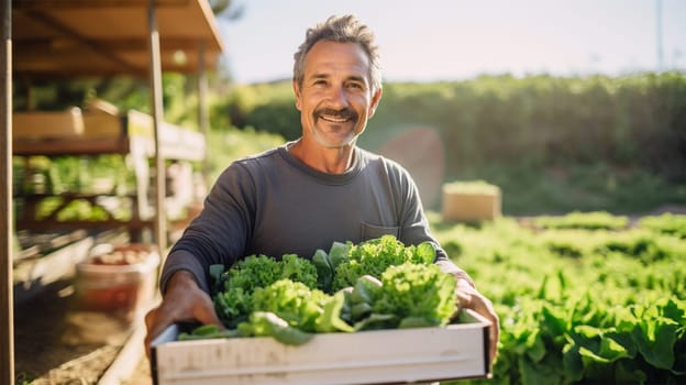 cheerful farm worker with a box of harvested lettuce.harvesting.agriculture and farming concept.