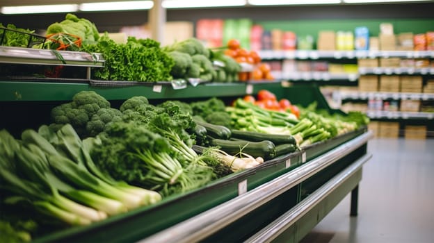 Fresh green vegetables in the supermarket. The concept of healthy eating, bio, vegetarianism, diet.