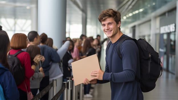 young cheerful man with a mock-up blank sheet in his hands meets someone at the airport or train station, with space for text.