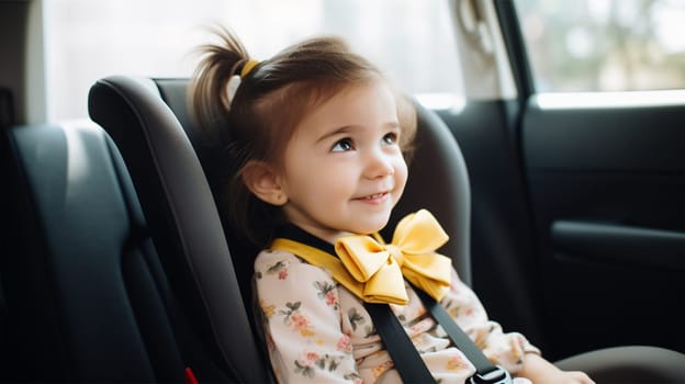 cute baby with a bow on her sweater in a child's car seat,Danger prevention. concept of safe travel and life protection