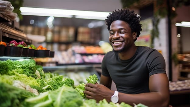 Portrait of a friendly and cheerful African American man choosing greens while standing near fruit and vegetable counter