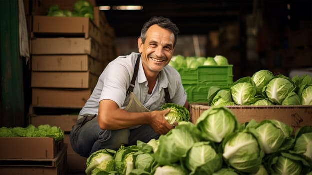 Cheerful worker sorts new cabbage harvest on farm, man with boxes of fresh white cabbage.