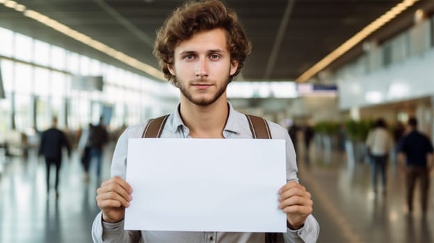 young man with a mockup of a blank sheet in his hands meets someone at the airport or train station, with space for text