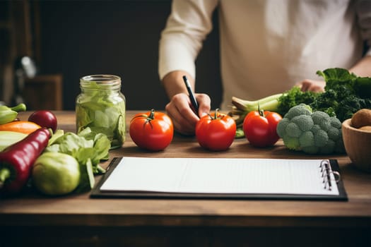a woman with a pen in her hand and vegetables on the table is about to write down the calorie content of the dish. The concept of proper nutrition and healthy lifestyle