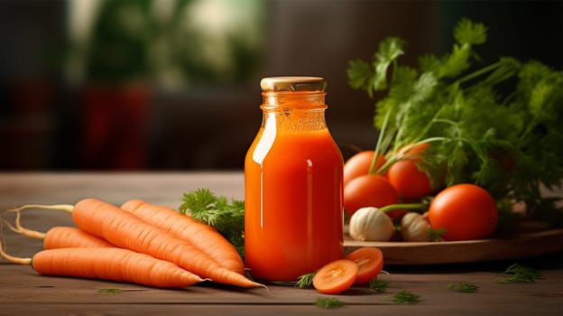 Fresh carrot juice in a bottle with carrots and herbs on a wooden table.