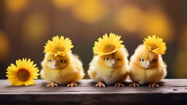 three cute little yellow chicks wearing flower hats on a blurred background.Happy Easter Spring background with copy space.