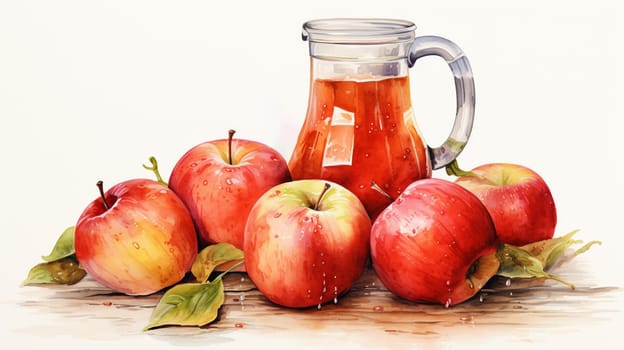 a jug of apple juice or drink surrounded by apples on a light background, with space for text