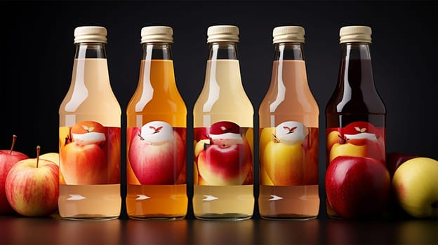 five bottles of apple juice or drink surrounded by apples on a dark background, with space for text or title, advertisement for apple drinks