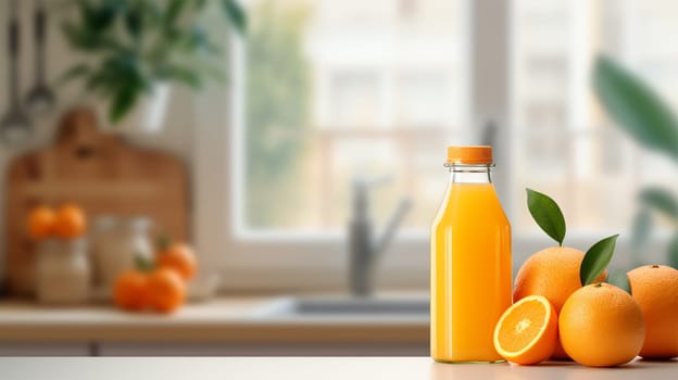 Orange smoothie, fruit juice, fresh orange drink in a bottle, on the table in the kitchen, copy space