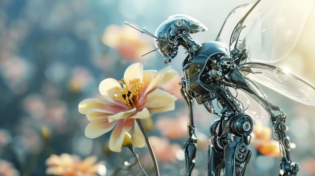 Little high-tech fairy robot with transparent wings over a flower against the background of a defocused image of nature, copy space