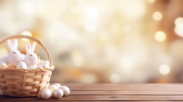 Lovely Easter fluffy bunnies in a wicker basket with Easter eggs against the backdrop of a green garden on a sunny day, with copy space. Symbol of Easter holiday.