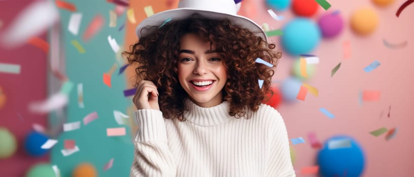 Portrait of a happy smiling beautiful young girl with an afro hairstyle and wearing a hat on a festive background with confetti.